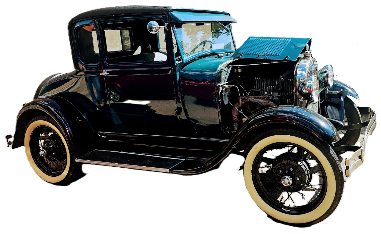 1928 Ford Model A Sport Coupe — Niagara Blue and Black two-tone with wire spoke wheels and whitewall tires